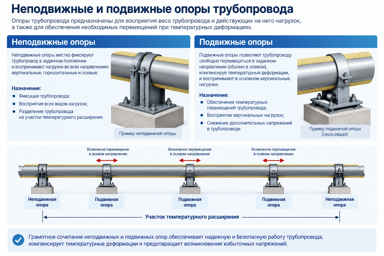 Неподвижные и подвижные опоры трубопровода